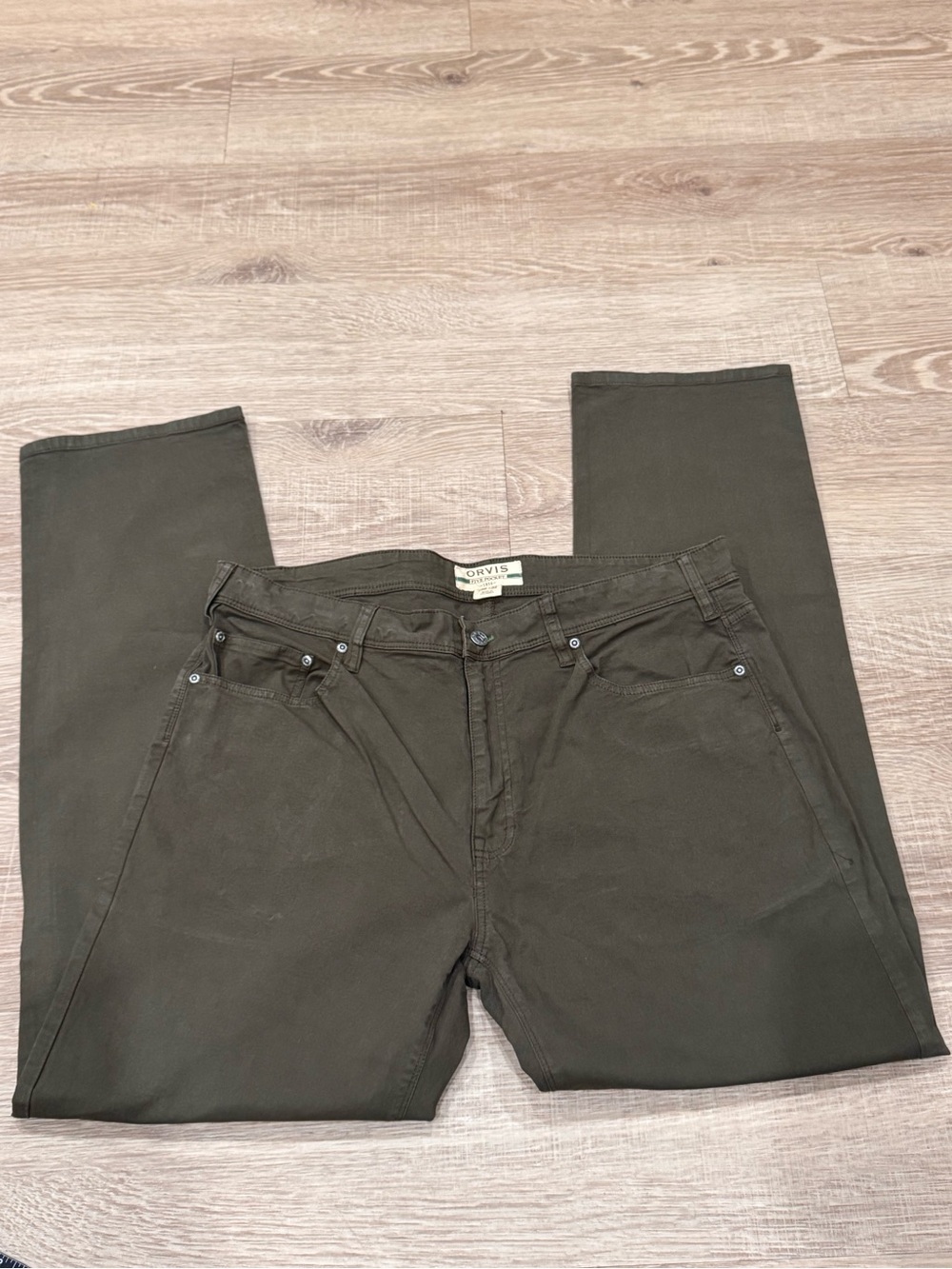 Orvis 1856 Five Pocket Pants Mens 36x32 Olive Green Stretch Twill